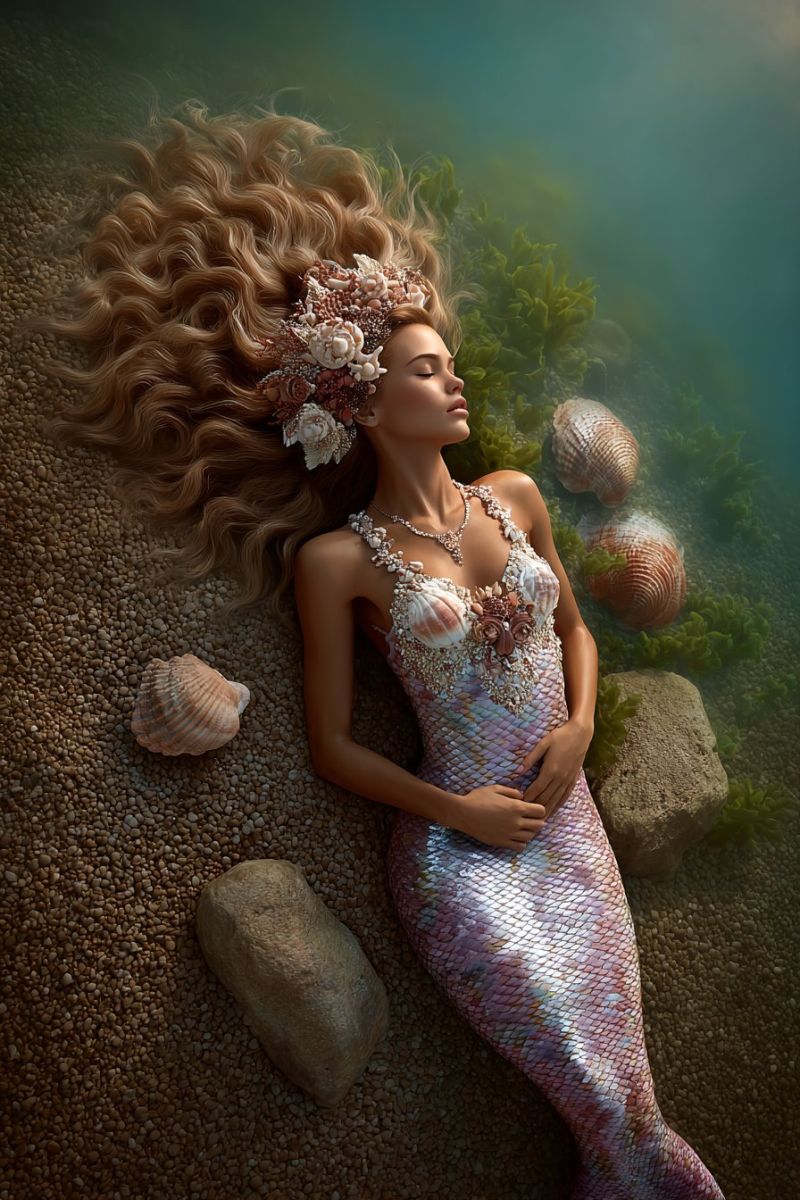 Sirene sous marin fantaisie mer ocean bijouterie collier coquillages corail rochers algues eau ombre reflet beaute Une femme aux longs cheveux blonds ondulés repose sur le fond marin, ses cheveux ornés de coquillages et de fleurs. Elle porte une queue de sirène scintillante qui passe du rose au violet, et un collier de perles et de coquillages. Elle regarde sur le côté les yeux fermés, apparaissant sereine. Le fond marin est couvert de petits rochers et de plantes marines, et des coquillages sont éparpillés autour d'elle. L'eau au-dessus est claire, permettant à la lumière de filtrer.