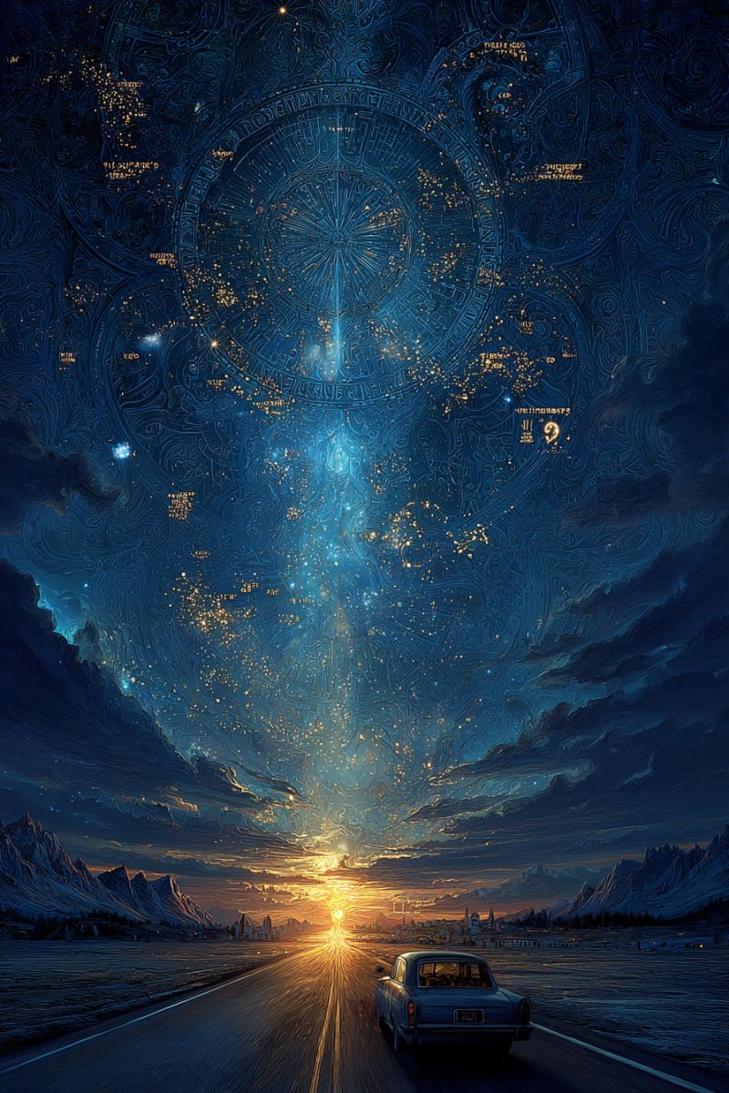Voiture route montagnes coucher soleil etoiles galaxie univers espace nuages horizon ville batiments arbres eau reflet imagination nuit ciel Une représentation artistique d'une voiture roulant sur une route sous un ciel de nuit rempli d'étoiles et d'une Voie Lactée lumineuse. Le ciel est d'un bleu profond avec des motifs et des dessins complexes, ressemblant à une carte céleste. Le soleil se couche à l'horizon, projetant une lueur chaude sur les montagnes et la route. La voiture roule vers le coucher du soleil, avec la route s'étendant au loin. La scène se déroule dans une région montagneuse avec une petite ville visible en arrière-plan.