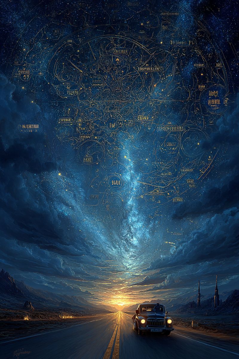 Sky night stars galaxy universe space astronomy cosmic celestial map road car travel adventure exploration mountains desert sunset A car drives down a road under a sky filled with stars and constellations. The sky is a deep blue with a swirling galaxy pattern, and the stars are highlighted in gold. The car is a vintage model, and the road stretches into the distance with mountains and a setting sun in the background. The sky is filled with various constellations and star names, adding a sense of wonder and exploration.