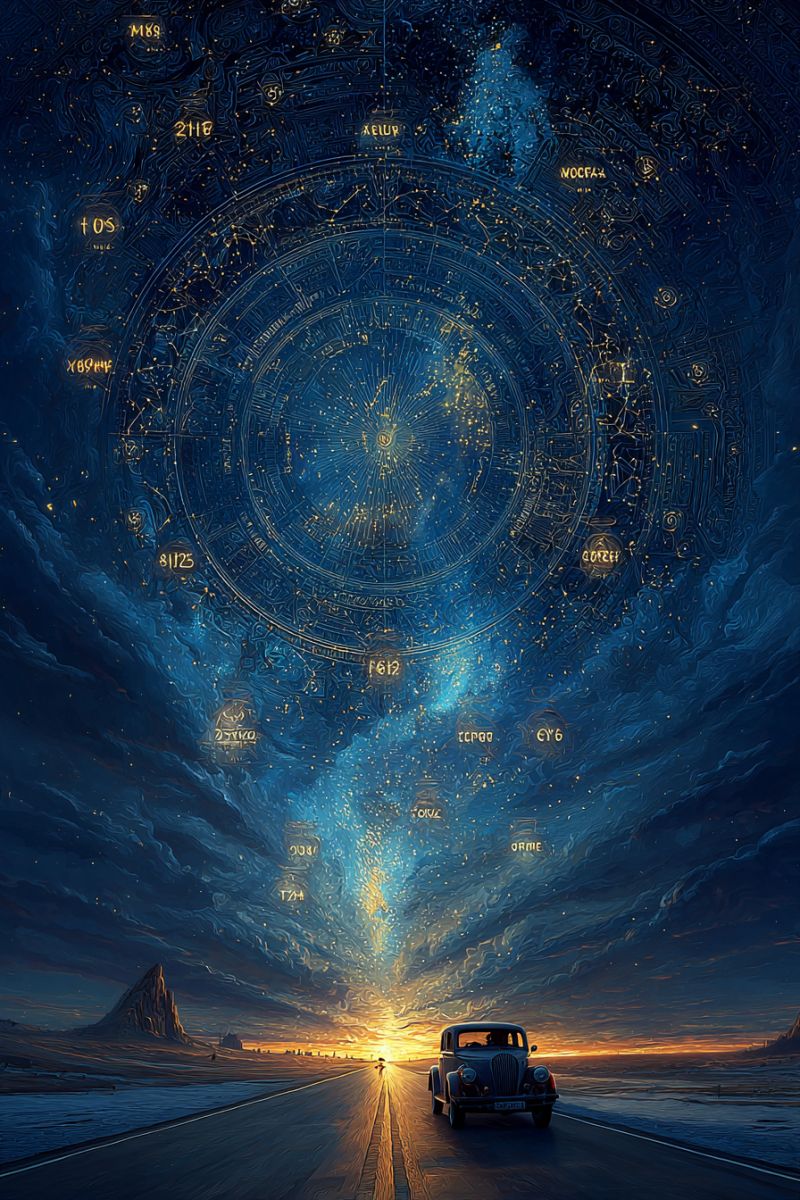 Voiture route ciel nuit etoiles univers espace galaxie cosmos astronomie celeste etoilee desert montagne horizon coucher soleil Une vieille voiture roule sur une route sous un ciel nocturne rempli d'étoiles et de constellations. Le ciel est d'un bleu profond avec des motifs tourbillonnants et des étoiles dorées. La voiture roule vers le coucher du soleil, visible au loin, projetant une lueur chaude sur la route et le paysage environnant. La route s'étend vers le lointain, avec une chaîne de montagnes visible sur le côté gauche. Le ciel est rempli de diverses constellations, dont Orion, Pégase et d'autres, avec leurs noms écrits en or.