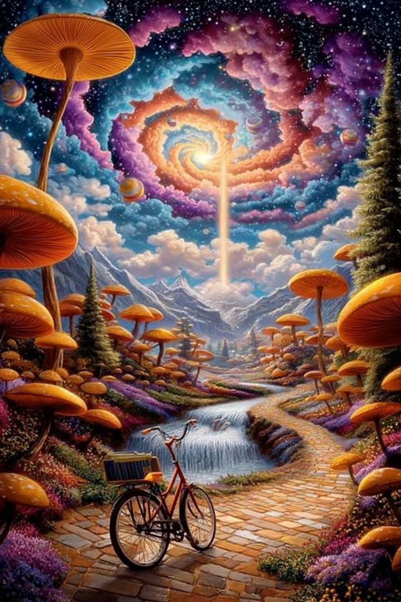Bicycle pont fantaisie fleurs foret jardin colline champignon nature chemin riviere route ciel arbres eau Un paysage vibrant et surréaliste présente un chemin de galets sinueux menant à travers une forêt luxuriante et colorée. Le chemin est bordé de grands champignons orange avec des chapeaux bruns. Un vélo rouge avec un panier est garé à côté d'une petite cascade qui se jette dans un ruisseau clair. Le ciel est un mélange de teintes violettes, bleues et orange, avec un motif de galaxie en spirale et des étoiles éparpillées. En arrière-plan, il y a des montagnes et une lumière qui brille au centre de la spirale. La scène est remplie d'une variété de fleurs et de plantes, créant une atmosphère magique et irréelle.