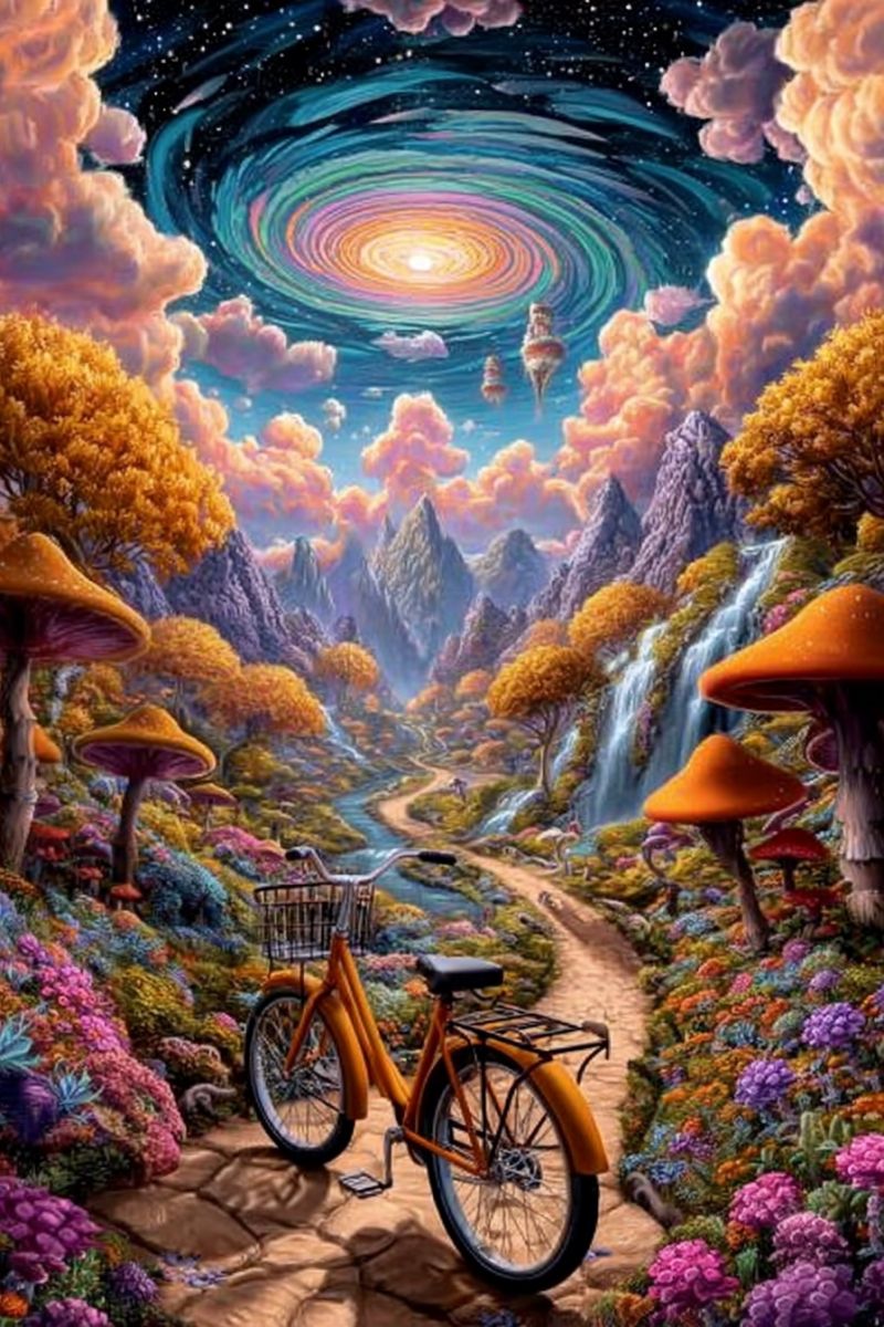 Bicycle chemin fleurs arbres montagnes ciel nuages cascade champignons panier roue pedale guidon selle cadre rayons chaine engrenages reflexion Paysage vibrant et surréaliste avec un chemin sinueux menant à travers une forêt luxuriante et colorée. Le chemin est bordé par une variété de grands champignons colorés et de flore diverse, y compris des fleurs et des cactus. Un vélo orange avec un panier est garé sur le chemin, suggérant une scène paisible et tranquille. En arrière-plan, il y a des montagnes et une cascade descendant une falaise rocheuse. Le ciel est un mélange fantastique de couleurs, présentant une grande galaxie tourbillonnante avec des étoiles et un soleil brillant à son centre. L'atmosphère générale est fantaisiste et onirique, avec un sentiment d'émerveillement et d'exploration.