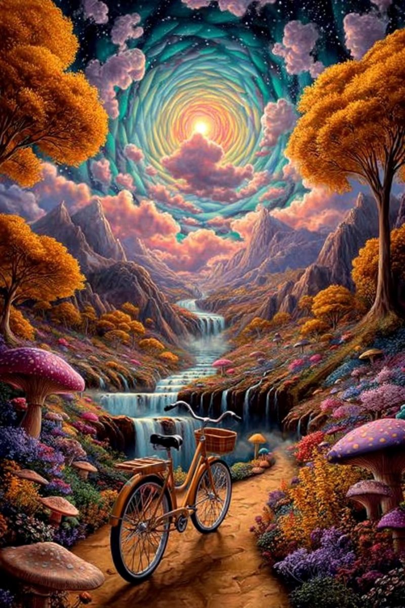 Bicycle path forest trees mountains waterfall flowers mushrooms sky sun clouds spiral fantasy painting nature colorful dreamlike imagination A vibrant painting depicts a whimsical landscape with a bicycle parked on a stone path. The path is surrounded by a variety of colorful flowers and mushrooms. In the background, there is a waterfall cascading down a rocky hill, with trees and mountains in the distance. The sky is a mix of orange and pink hues, with a large, glowing sun at the center, surrounded by swirling clouds. The overall scene is fantastical and dreamlike, with a sense of magic and wonder.