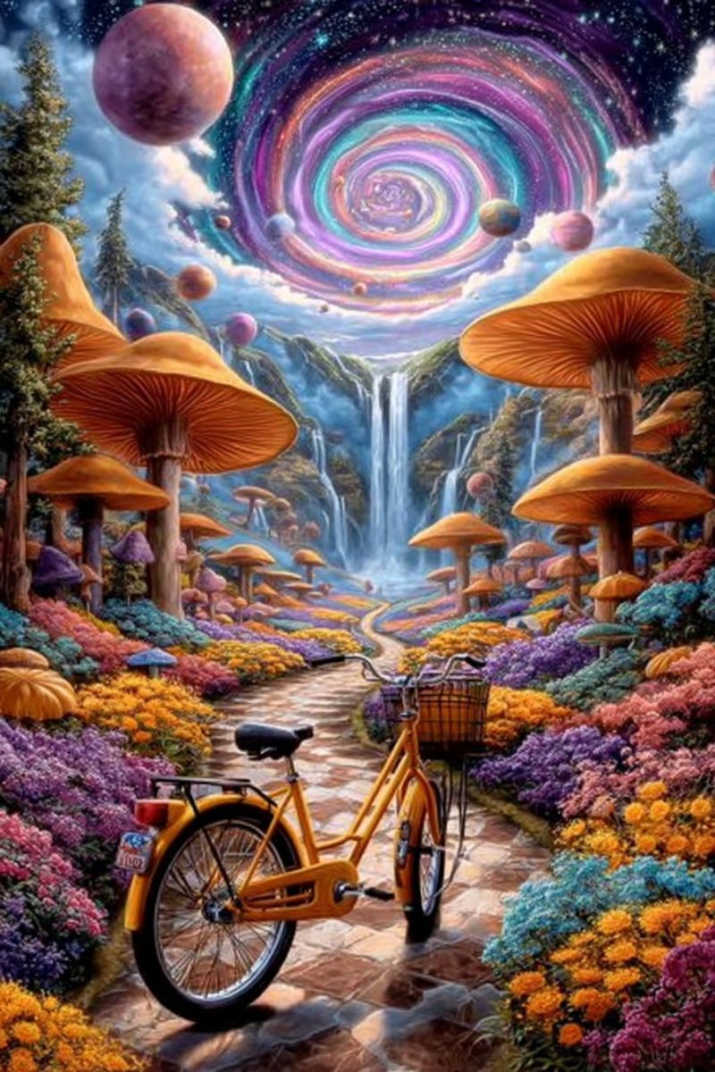 Bicycle fleurs champignons sentier ciel spirale arbres cascade roue Un paysage vibrant et surréaliste présente un vélo jaune garé sur un chemin de pavés entouré par une variété de fleurs colorées. Le chemin mène à une cascade descendant une falaise rocheuse. De grands champignons orange parsèment le paysage, et le ciel est rempli de galaxies et de planètes tourbillonnantes. La scène est baignée d'une douce lumière onirique.
