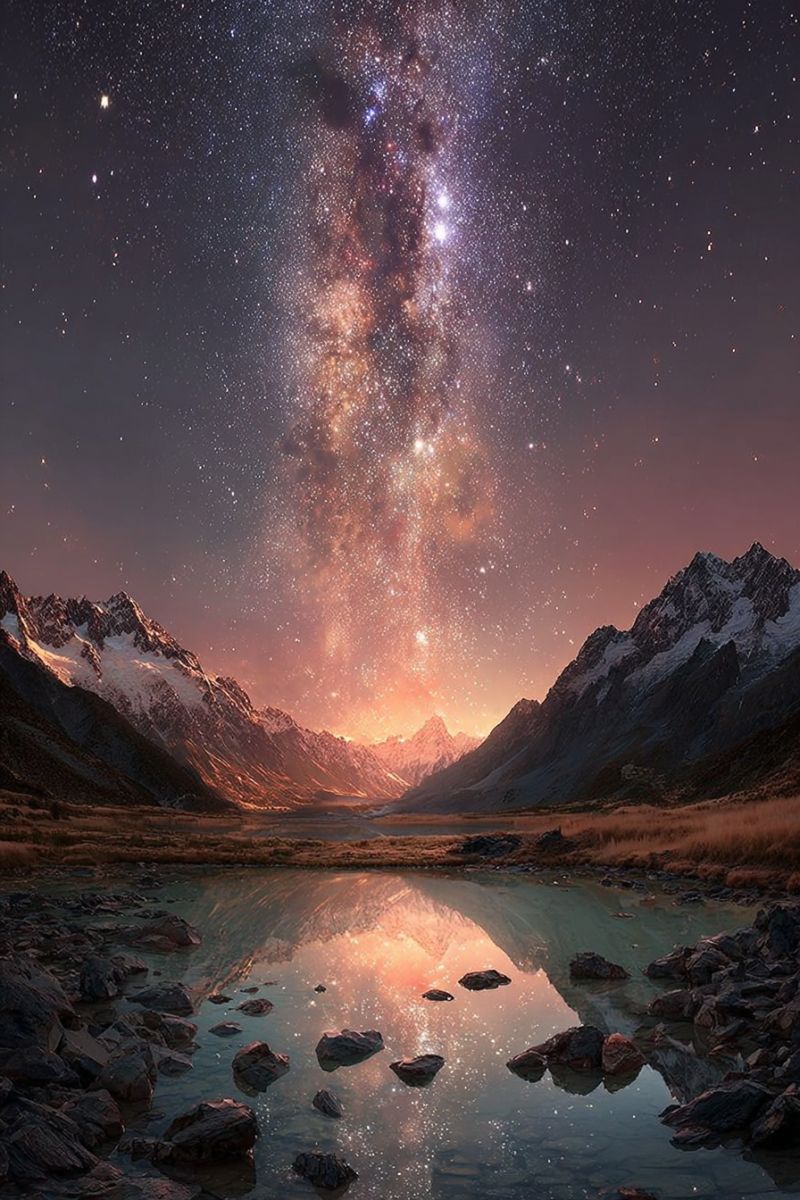 Montagnes lac reflet etoiles coucher soleil nature air eau rochers ciel nuages horizon neige arbres collines vallee nuit voie lactee montagne massif Une scène de nuit à couper le souffle présente un vaste ciel étoilé avec la Voie lactée bien visible. La lumière de la galaxie s'étend à travers le ciel, projetant une douce lueur. En dessous, un lac serein reflète les étoiles et les montagnes environnantes, couvertes de neige et au terrain rocailleux et accidenté. L'horizon est peint des chaudes teintes du soleil couchant, créant une atmosphère sereine et majestueuse.