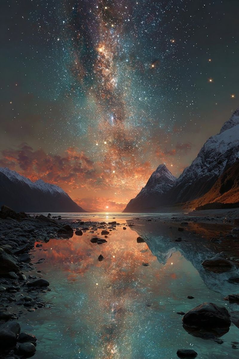 Sky night stars mountains lake water reflection sunset clouds rocks shoreline nature outdoors astronomy galaxy universe space breathtaking night scene with a vast, starry sky. The Milky Way galaxy is prominently visible, stretching across the sky with a rich, glowing band of stars. The sky transitions from deep blue to orange and pink hues near the horizon, indicating the setting sun. Mountains with snow-capped peaks are silhouetted against the colorful sky, and their reflections shimmer on the calm water below. The water is a deep blue, mirroring the sky and stars, and it is dotted with rocks and pebbles along the shore. The overall scene is serene and majestic, capturing the beauty of nature at night.