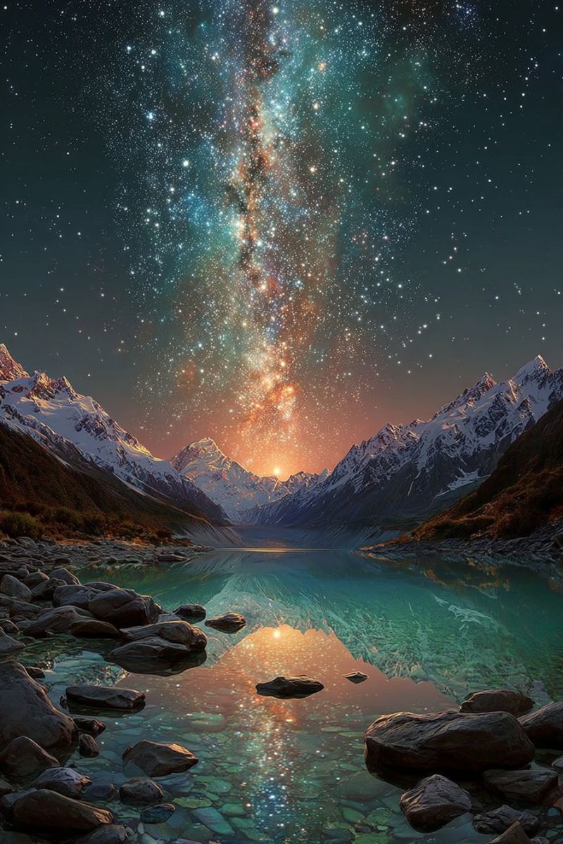 Mountains lake rocks reflection stars sunset nature water sky clouds horizon snow trees hills valley night milky way mountain range serene and breathtaking night scene featuring a vast, clear sky filled with stars and the Milky Way galaxy prominently displayed. The Milky Way stretches diagonally across the sky, glowing with a mix of blue, orange, and white hues. The sky transitions from a deep blue near the horizon to a lighter blue higher up, with scattered stars adding to the celestial beauty. Below the sky, a tranquil lake reflects the starry sky and the surrounding mountains, which are covered in snow and appear majestic against the night backdrop. The lake is calm, with rocks and pebbles visible along its edge, and the water appears to shimmer with the light of the stars. The overall scene is peaceful and awe-inspiring, capturing the majesty of nature under a starlit sky.