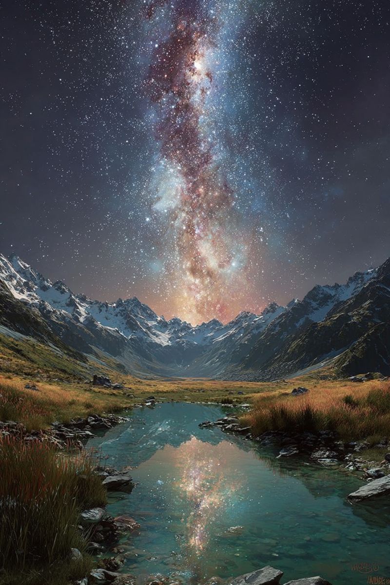 Montagnes eau reflet etoiles nature air ciel nuages herbe rochers arbres cascade ruisseau foret collines vallee nuit voie lactee montagne massif Scène de nuit sereine et impressionnante. Le ciel est d'un bleu profond et sombre, rempli d'innombrables étoiles, et la galaxie de la Voie Lactée est bien visible, s'étendant à travers le ciel avec ses couleurs vibrantes de rouge, jaune et blanc. Au premier plan, un ruisseau tranquille et clair reflète le spectacle céleste. L'eau est calme et a une teinte bleu clair, reflétant les étoiles et la Voie Lactée. De chaque côté du ruisseau, il y a des taches d'herbe et de rochers. En arrière-plan, des montagnes majestueuses enneigées s'élèvent, leurs sommets touchant le ciel, créant un sentiment de grandeur et d'échelle. L'atmosphère générale est paisible et majestueuse, capturant la beauté de la nature sous un ciel étoilé.