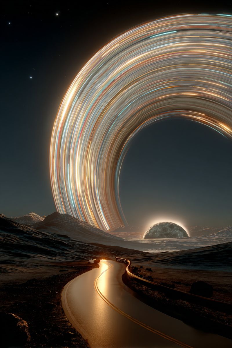 Nuit ciel route lune planete espace univers etoile astronomie cosmos galaxie celeste orbite Vaste paysage ouvert sous un ciel de nuit sombre. Au premier plan, une route s'étend, éclairée par la douce lueur des phares, menant vers l'horizon. La route est bordée par un terrain rocheux et semble courber doucement. Au-dessus de la route, un grand objet circulaire lumineux domine la scène. Cet objet est composé de nombreux anneaux concentriques de lumière, chaque anneau d'une couleur différente, créant un effet fascinant, presque hypnotique. Les couleurs vont des bleus et violets profonds aux jaunes et blancs vifs. Au centre de cette formation lumineuse circulaire, il y a une grande sphère lumineuse, représentant probablement la lune. Le ciel est sombre, avec quelques étoiles faiblement visibles, ajoutant à l'atmosphère sereine et irréelle de la scène.