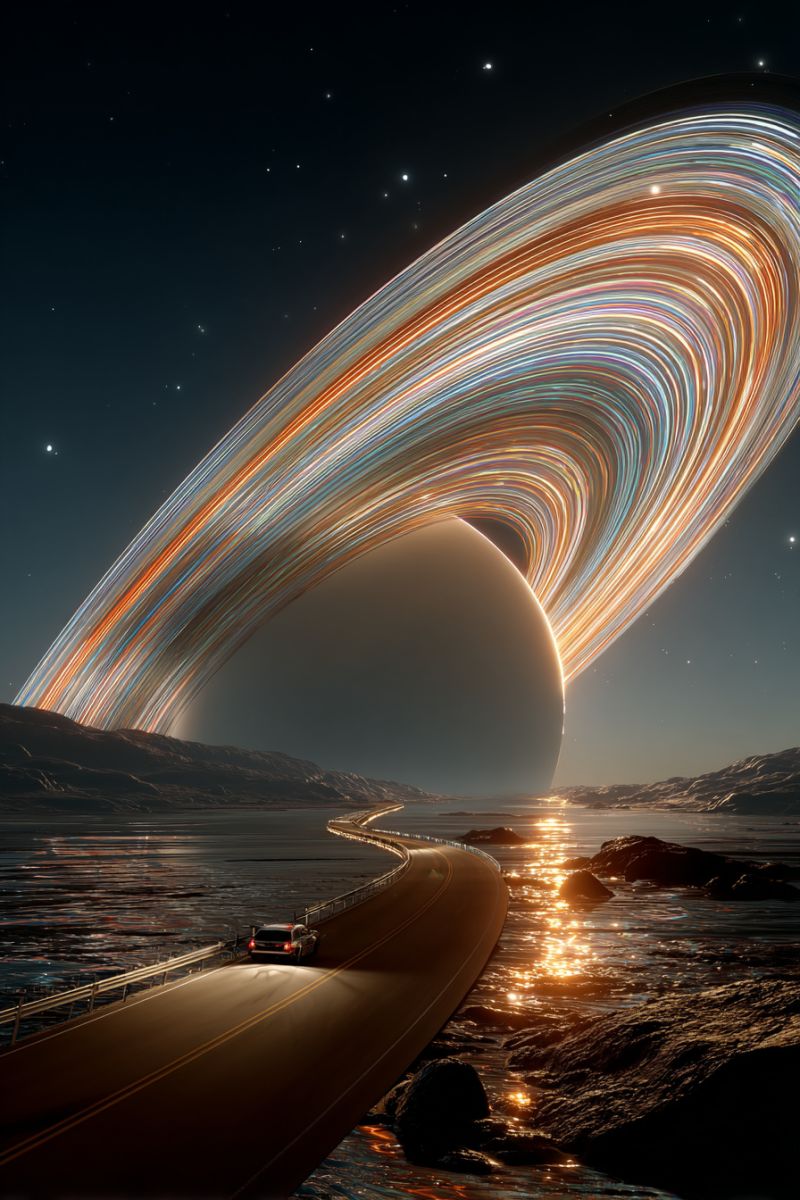 Space planet saturn rings night sky stars road car water reflection rocks mountains imagination A car drives along a winding road that curves around a large body of water. The road is illuminated by the headlights of the car, casting a warm glow. The water reflects the light from the car and the surrounding environment, creating a shimmering effect. In the background, there is a large planet with a ring system, possibly Saturn, with its rings appearing as a series of concentric circles. The sky is dark, with a few stars visible, adding to the serene and otherworldly atmosphere of the scene.