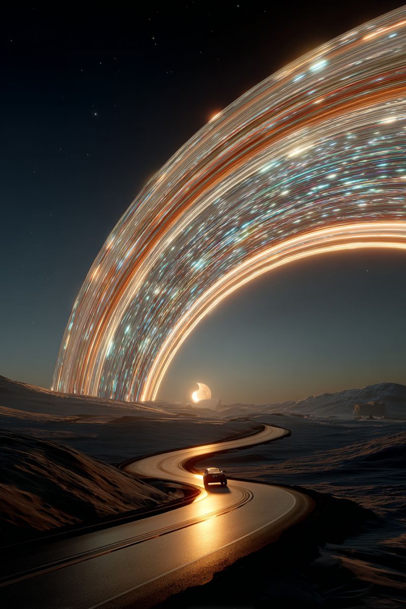 Road car night sky moon stars space universe planet astronomy cosmic celestial galaxy nebula starlight cosmology astrophysics outer A car drives along a winding road under a night sky filled with stars. The road is illuminated by the headlights of the car, casting a warm glow on the surrounding landscape. The sky features a large, glowing circular structure with streaks of light, possibly representing a galaxy or a cosmic event. The moon is visible in the distance, adding to the serene and otherworldly atmosphere. The road curves through a vast, open area, with mountains and hills in the background, creating a sense of isolation and adventure.