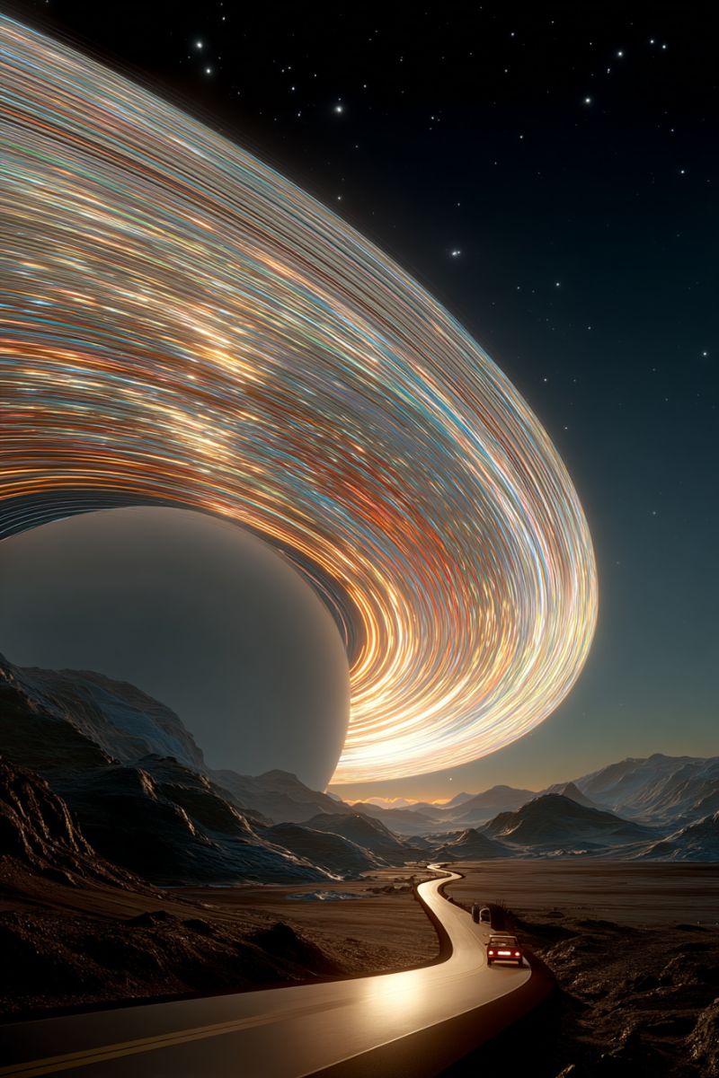 Space planet night sky stars road car mountains desert astronomy universe cosmos celestial galaxy starlight travel exploration outer A car drives along a winding road under a vast, glowing circular structure resembling a planet or a ring. The road is illuminated by the light from the structure, which emits a spectrum of colors including blues, yellows, and reds. The sky is dark and dotted with stars. Mountains and a desert landscape surround the road, creating a surreal and otherworldly atmosphere.