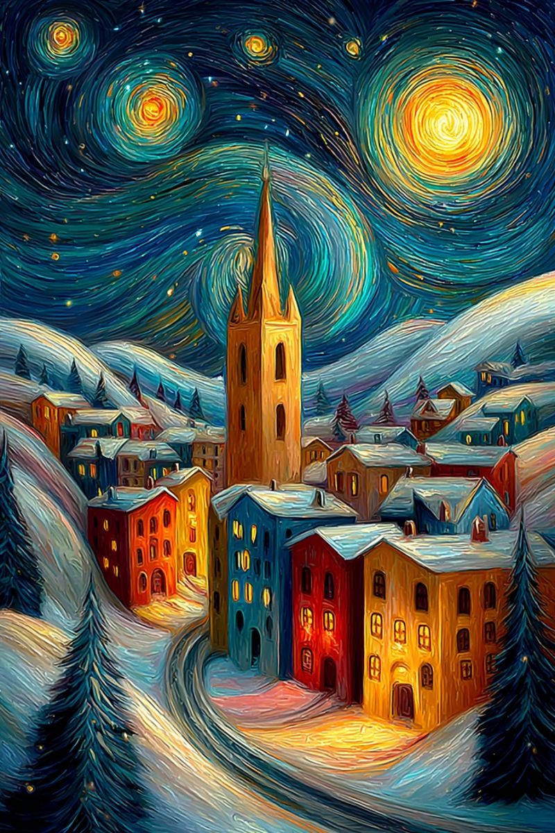 Painting night sky stars town buildings snow trees street winter architecture impressionism colorful village scenic van gogh The painting depicts a winter night scene with a small town nestled in a valley. The town features a variety of colorful buildings, some with lights glowing in the windows, suggesting warmth and activity. In the foreground, a winding road leads through the town, bordered by pine trees dusted with snow. The sky is a deep blue, with swirling patterns of yellow and orange that resemble stars or galaxies, adding a magical quality to the night. In the background, a tall, golden bell tower stands out against the snowy hills, with a few more buildings visible on the slopes. The overall atmosphere is serene and festive, with the vibrant colors and gentle lighting creating a cozy, inviting scene.