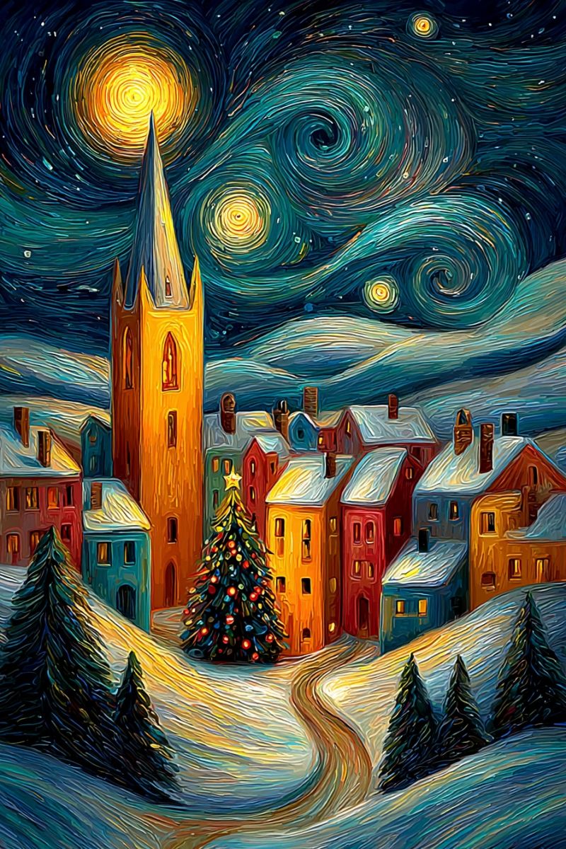 Nuit ciel etoiles ville maisons neige route fleche batiments decorations hiver village sapin noel Nuit ciel etoiles ville maisons neige route fleche batiments decorations hiver village sapin noel