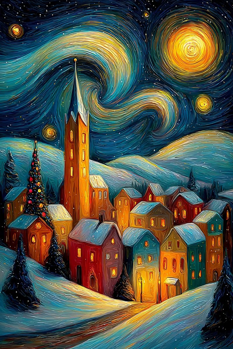 Nuit ciel etoiles ville maisons neige montagnes batiments lampes fenetres toits collines village hiver noel arbre rue Nuit ciel etoiles ville maisons neige montagnes batiments lampes fenetres toits collines village hiver noel arbre rue