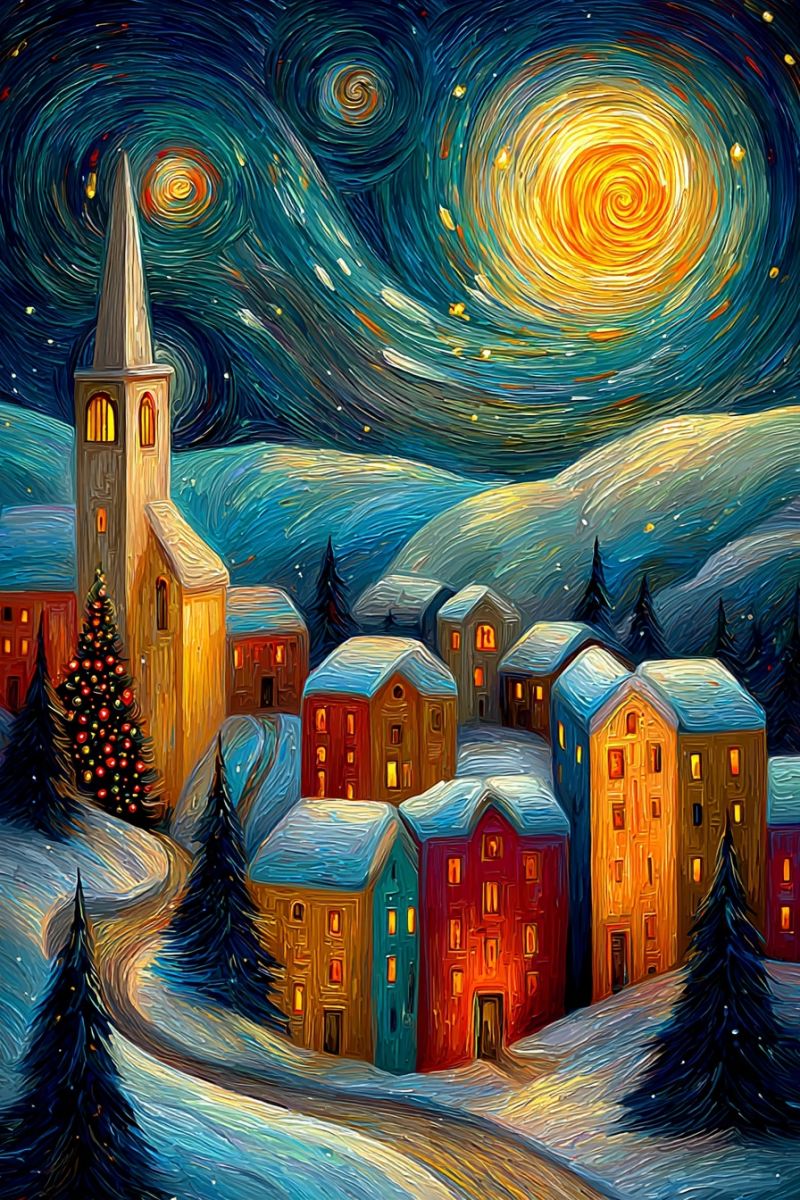 Painting night sky town christmas tree house snow street building village star impressionism winter colorful nighttime van gogh A painting depicts a snowy village at night with a starry sky. The village is nestled in a valley with mountains in the background. The sky is a deep blue with swirling patterns of yellow and orange, resembling a starry night. The village is illuminated by warm yellow lights from the windows of the houses. The houses are painted in various colors, including red, yellow, and blue. A Christmas tree stands in front of a church with a steeple, and the church is brightly lit. The trees are evergreen and covered in snow. The road is winding and leads to the village.