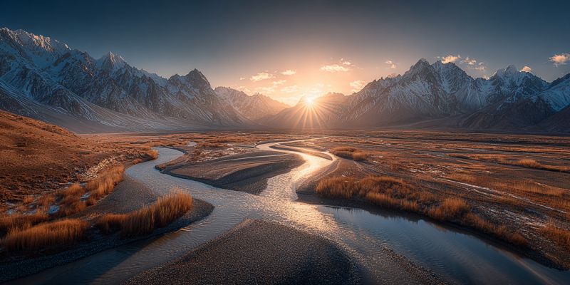 Mountains river sunset sky water grass nature valley sun clouds horizon meadow reflection snow rocks hills trees mountain range vast, open landscape with a winding river snaking through it. The river is surrounded by dry, golden-brown grass and patches of sparse vegetation. In the background, a majestic mountain range rises, its peaks dusted with snow, creating a striking contrast against the clear, blue sky. The sun is setting on the horizon, casting a warm, golden light across the scene, highlighting the river's gentle curves and the rugged beauty of the mountains. The sky is a mix of deep blues and soft, pastel hues, indicating the end of the day.