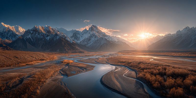 Mountains river valley sunset sky nature snow clouds sun water grass hills rocks trees meadow forest glacier reflection horizon a vast, serene landscape unfolds with a winding river cutting through the middle. The river is calm and reflects the golden hues of the setting sun. Surrounding the river, the land is a mix of dry, golden-brown grasses and patches of green vegetation. In the background, majestic snow-capped mountains rise, their peaks bathed in the soft, warm light of the sunset. The sky above is a gradient of blues and oranges, with the sun's rays casting a gentle glow over the entire scene. The overall atmosphere is peaceful and majestic, capturing the beauty of nature in a tranquil moment.