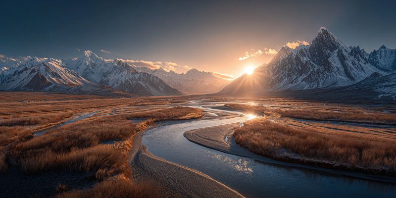 Mountains river sunset sky water grass snow clouds valley nature reflection horizon meadow hills trees rocks sunlight fog distance serene landscape at sunset. In the foreground, a winding river meanders through a valley, its waters reflecting the golden hues of the setting sun. The river is flanked by dry, golden grasses that sway gently in the breeze. The valley is bordered by rugged, snow-capped mountains that rise majestically in the background. The sky above is a deep blue, transitioning to lighter shades as it approaches the horizon, where the sun is setting, casting a warm, golden light over the entire scene. The mountains are dusted with snow, adding a touch of white to the otherwise earthy tones of the landscape.