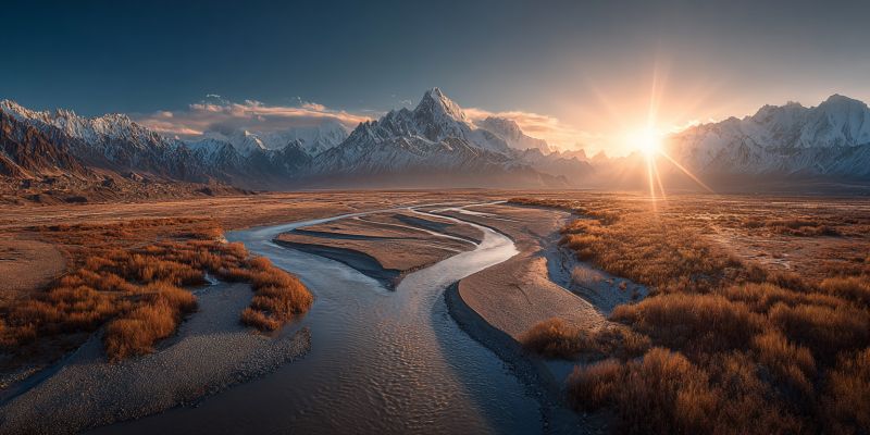 Mountains river sunrise nature sky water grass meadow valley snow clouds horizon reflection wilderness outdoors scenery travel adventure vast, open landscape with a winding river snaking through it. The river is surrounded by dry, golden-brown grass and patches of sparse vegetation. In the background, a majestic mountain range rises, its peaks dusted with snow and partially shrouded in a soft, orange glow from the setting sun. The sky above is a deep blue, transitioning to lighter hues near the horizon, where the sun's rays cast a warm, golden light across the scene. The overall atmosphere is serene and tranquil, with the natural beauty of the landscape taking center stage.