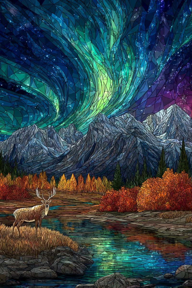 Beaute bleu cerf design foret vert montagne nature nuit reflet ciel eau faune Une oeuvre d'art en mosaïque représente un paysage serein avec un cerf debout près d'une rivière. Le ciel est rempli de couleurs vibrantes de l'aurore boréale, avec des nuances de bleu, vert et violet. Le cerf, avec ses élégants bois, se tient alerte sur la rive herbue. La rivière reflète le ciel coloré, et la zone environnante est remplie d'arbres et de buissons aux teintes automnales d'orange et de rouge. En arrière-plan, des montagnes majestueuses s'élèvent, leurs sommets saupoudrés de neige, complétant la scène tranquille.