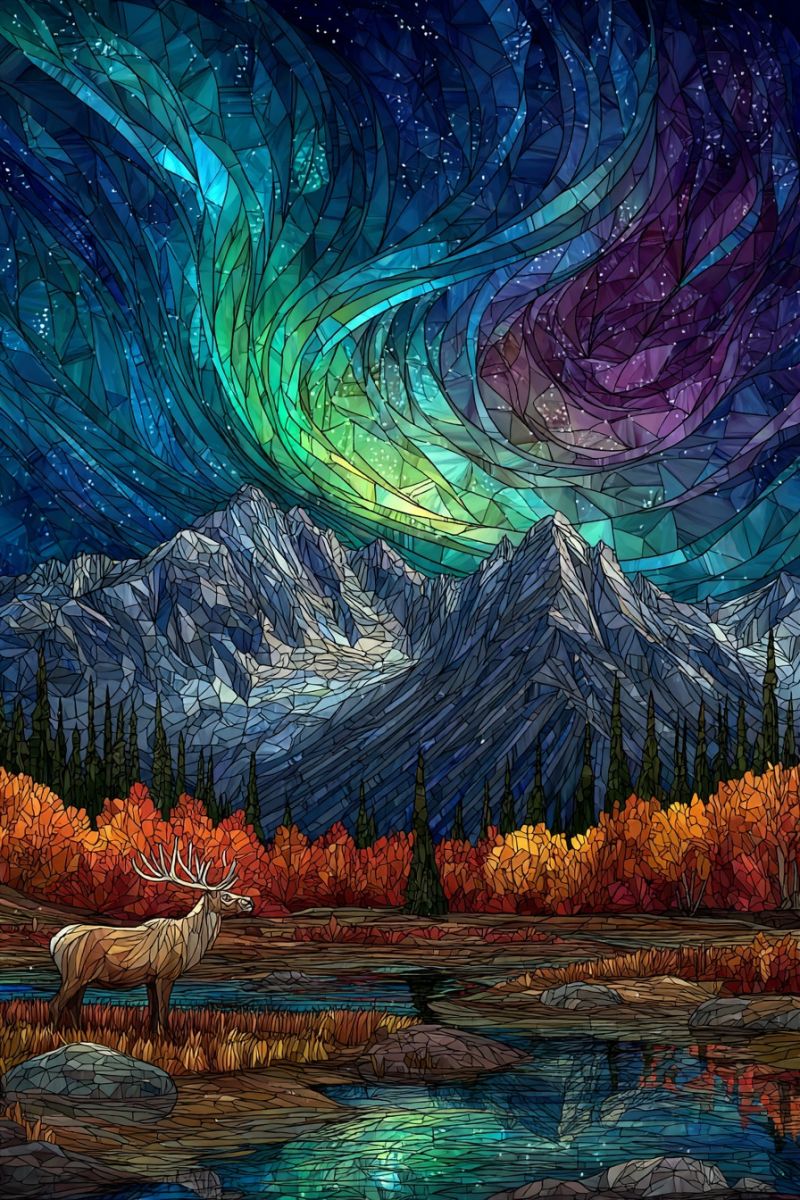 Mountains forest lake sky night stars trees water reflection autumn deer rocks grass painting nature colorful mosaic majestic deer standing in a serene landscape. The deer has a large, branching set of antlers and is gazing to the left. The background showcases a vast, mountainous terrain with a vibrant, multicolored sky. The sky is a mosaic of blues, purples, and greens, with a prominent aurora borealis effect. The mountains are depicted in shades of blue and gray, with a few trees and bushes dotting the foreground. The foreground includes a body of water, reflecting the sky's colors, and a few rocks scattered around. The overall scene is a harmonious blend of nature and art, with a focus on the beauty of the natural world.