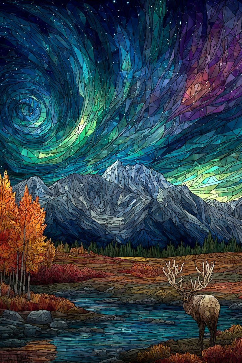 Beaute bleu cerf elan foret montagne nature nuit ciel L'élégant orignal se tient debout près d'une rivière sereine sous un ciel nocturne vibrant. L'orignal possède un grand et impressionnant ensemble de bois et regarde vers la droite. La rivière est calme, reflétant les couleurs du ciel, et est entourée de rochers et de touffes d'herbe. En arrière-plan, il y a des montagnes avec un mélange de teintes vertes et brunes, et le ciel est un magnifique mosaïque de bleus, de violets et de verts, avec des touches de jaune et de blanc. Le ciel affiche également une belle aurore boréale, ajoutant une touche magique à la scène.