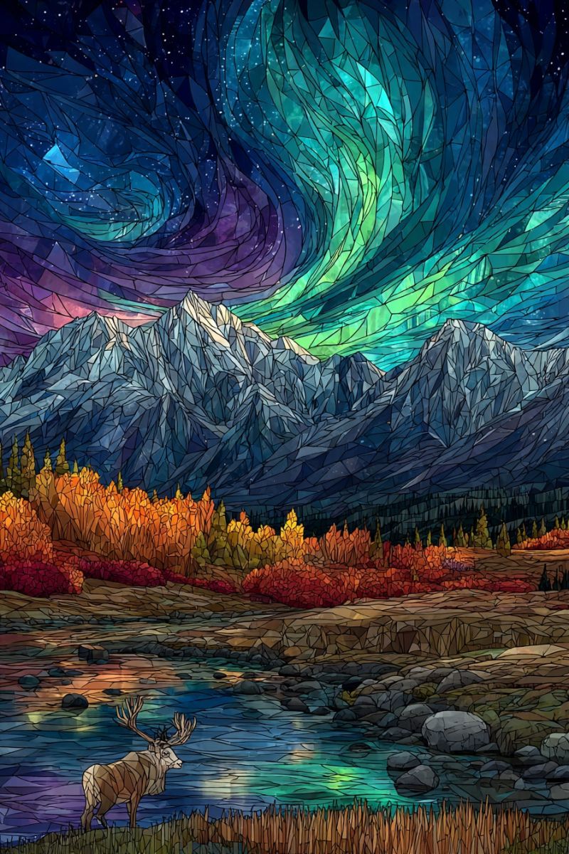 Beaute bleu cerf design foret vert montagne nature nuit ciel eau Une oeuvre d'art en mosaïque dépeint un paysage serein sous un ciel de nuit vibrant. Le ciel est rempli de motifs tourbillonnants de bleu, vert et violet, ressemblant à l'aurore boréale. Au premier plan, un cerf aux grandes boisailles se tient près d'une rivière calme, reflétant le ciel coloré. La rivière est entourée de rochers et de touffes d'herbe. Derrière le cerf, une forêt dense d'arbres aux feuilles d'automne dans des nuances d'orange et de rouge s'étend vers la base d'une majestueuse chaîne de montagnes. Les montagnes sont couvertes de neige et sont en silhouette contre le ciel coloré.