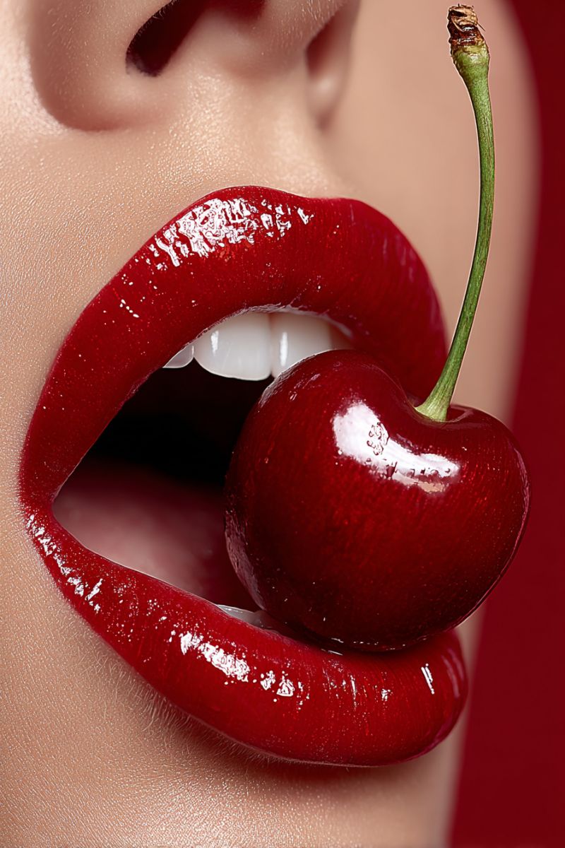Cerise rouge bouche Un gros plan d'un visage de femme avec sa bouche légèrement ouverte, révélant ses dents. Elle a du rouge à lèvres rouge vif appliqué sur ses lèvres, qui sont brillantes et luisantes. Dans sa bouche, elle tient une cerise rouge mûre avec une tige verte. La cerise est positionnée entre ses lèvres, et la tige est visible au-dessus de sa lèvre supérieure. L'arrière-plan est d'une couleur rouge unie, qui complète le rouge de la cerise et des lèvres de la femme.