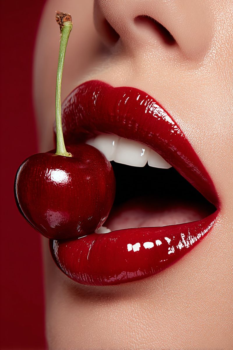 Cerise rouge Un gros plan du visage d'une femme avec sa bouche légèrement ouverte, révélant ses dents. Elle a du rouge à lèvres rouge vif sur ses lèvres, légèrement entrouvertes. Une cerise est placée sur ses lèvres, avec la tige dépassant de sa bouche. La cerise est brillante et semble être fraîche. L'arrière-plan est rouge, peut-être un mur ou un fond.