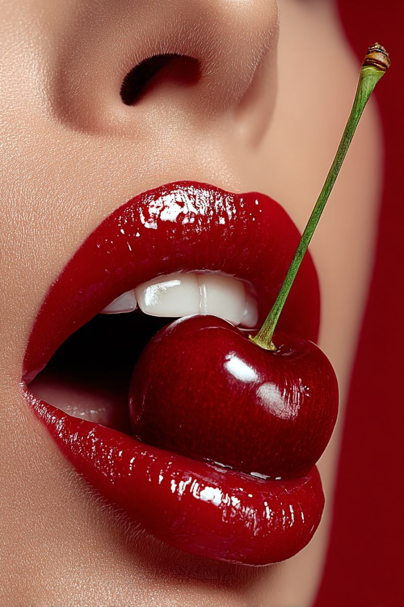 Lips cherry red A close-up of a woman's face with her mouth slightly open, revealing her teeth and red lipstick. She is holding a cherry in her mouth, with the stem visible above her lips. The cherry is red and shiny, and the woman's lips are also red, matching the color of the cherry. The background is red, and the woman's skin appears smooth and flawless.