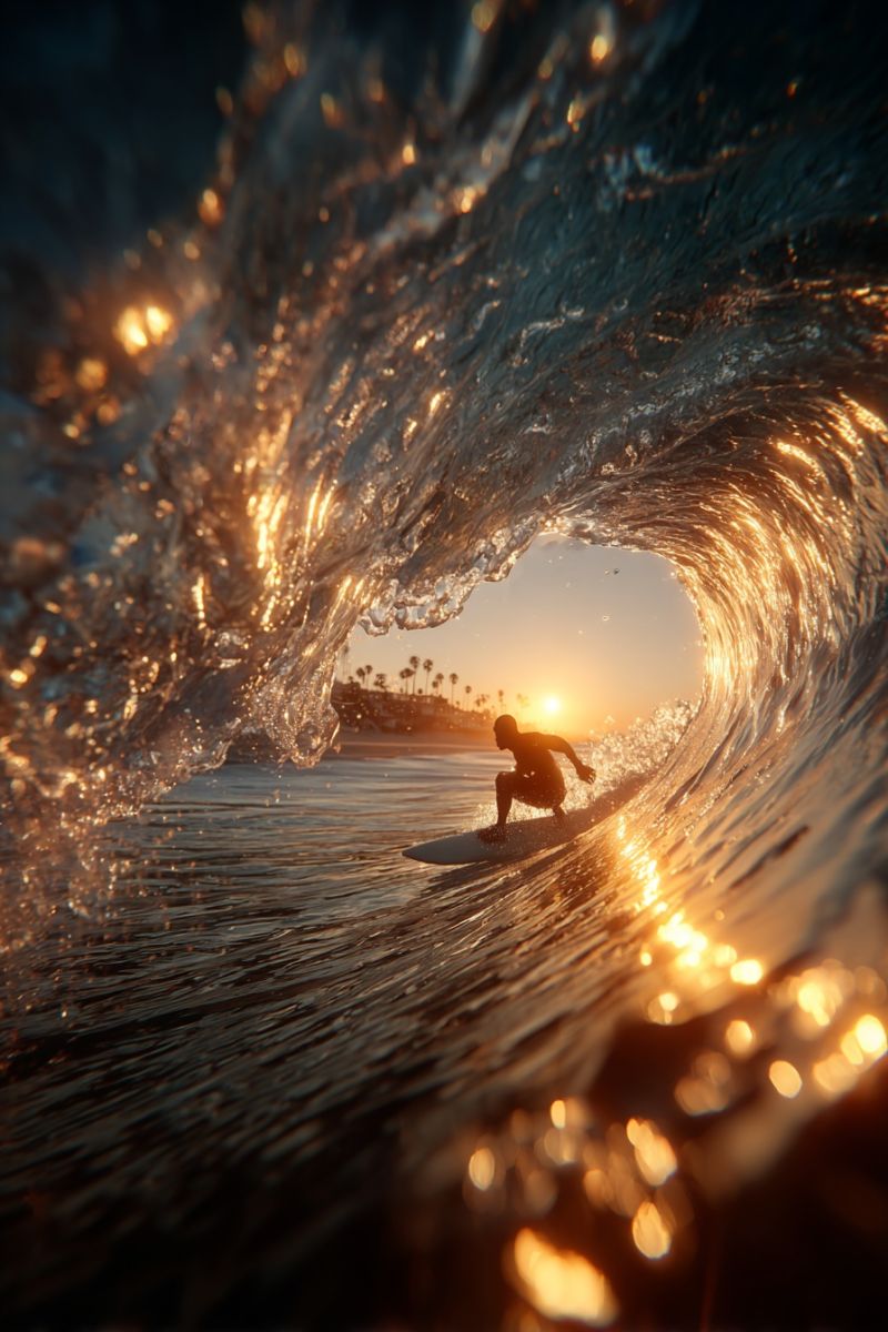 Surfer surfing wave ocean water sun sunset beach board sport sea recreation adventure extreme freedom lifestyle nature outdoors A person is surfing on a white surfboard in the ocean. The surfer is in a crouched position, riding the wave. The wave is large and has a dark, wavy appearance. The water is clear, and the sun's rays are shining through the water, creating a bright, golden light. The sky is clear, and the sun is setting in the distance, casting a warm glow on the water and the surfer. In the background, there are palm trees and a beach.