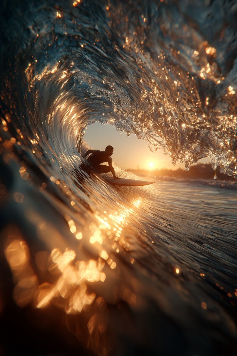 Surfer surfing ocean wave water sun sunlight sunset sea seascape painting drawing tips techniques ideas composition lighting A person is surfing on a white surfboard in the ocean. The surfer is in a crouched position, riding the wave. The wave is large and has a tunnel-like shape, with water splashing around the surfer. The water is dark blue, and the sun is setting in the background, casting a warm glow on the water. The sky is orange and pink, and there are trees and a silhouette of a mountain in the distance.