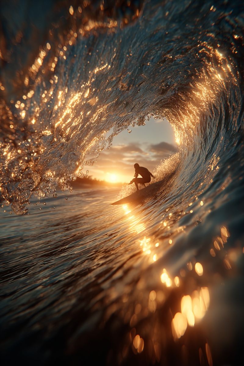 Surfer surf ocean vague eau soleil coucher reflexion eclaboussure eclaboussures eclabousse Une personne surfe sur une vague dans l'océan. La vague est grande et se brise, avec de l'eau qui éclabousse autour du surfeur. Le surfeur est en position accroupie, chevauchant la vague. L'eau est d'un bleu profond, et le soleil se couche en arrière-plan, projetant une lueur chaude sur l'eau. Le ciel est un mélange d'orange et de rose, avec quelques nuages visibles. Le surfeur porte une combinaison noire et tient la planche de surf des deux mains.