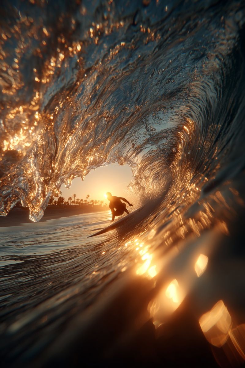 Surfer surfing wave ocean water sun sunlight sunrise sunset beach sea seascape seaside seashell seashells town village resort scenery A surfer is riding a wave in the ocean at sunset. The wave is large and crashing, with water splashing around the surfer. The surfer is in a crouched position, with their arms extended outwards for balance. The sun is setting in the background, casting a warm glow on the water and the surfer. The water is clear, and the surfer's shadow is visible on the water's surface. The beach is visible in the distance, with palm trees and other vegetation.
