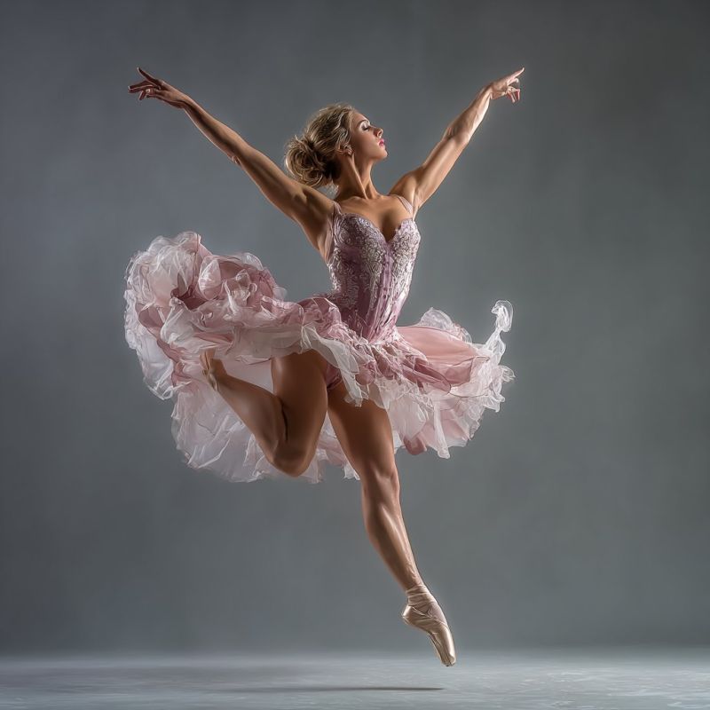 Ballet dancer performance grace pink dress costume jump expression stage shadow motion elegance beauty choreography dance A female ballet dancer is captured mid-air in a graceful leap. She wears a pink tutu with layers of ruffles and a matching bodice adorned with delicate details. Her arms are extended outwards, and her legs are bent at the knees, with one foot pointed and the other extended behind her. Her hair is tied back, and she wears ballet shoes. The background is a solid gray, providing a clean contrast to the dancer's vibrant attire.