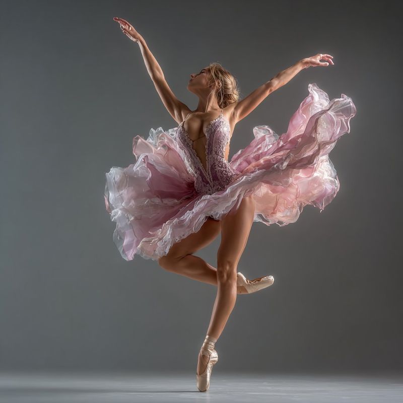 Ballet dancer performance grace pink dress costume dance stage classical elegant movement expression motion shadow shoes A female ballet dancer is captured mid-leap, her body gracefully arched and her arms extended outward. She wears a pink tutu with layers of tulle that flare out around her, and a matching pink bodice that reveals her midriff. Her hair is tied back, and she is wearing ballet slippers. The background is a plain, light gray, providing a stark contrast to the vibrant colors of her costume. The dancer's expression is focused, and her posture suggests a moment of intense concentration and performance.