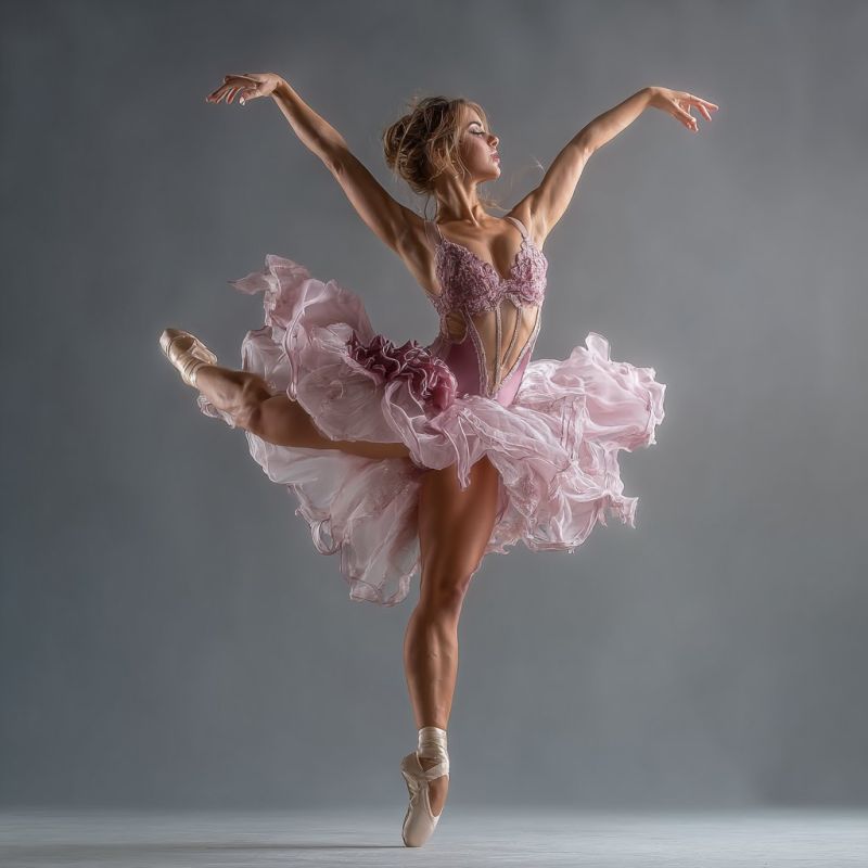 Ballet dancer performance grace pink costume dance rehearsal stage movement expression flexibility training choreography shadow shoes A female ballet dancer is captured mid-leap, her body gracefully arched in a pirouette. She wears a delicate pink tutu with ruffles, and her upper body is adorned with a matching pink bodice that has intricate lace details. Her hair is tied back, and she wears ballet slippers. Her arms are extended outward, and her right leg is lifted, while her left leg is bent, creating a dynamic and elegant pose. The background is a solid, light gray, providing a clean contrast to the dancer's vibrant attire.
