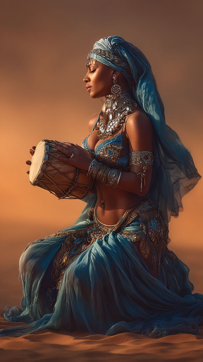 Femme tambour echarpe bijoux boucles oreilles bracelet bague ceinture robe costume oriental ethnique traditionnel culturel assise desert ventre Une femme est assise par terre dans un désert, portant une robe bleue et un foulard bleu sur la tête. Elle tient un grand tambour sur ses genoux et a les yeux fermés. Elle est parée de bijoux complexes, y compris une collier, des bracelets et des boucles d'oreilles. L'arrière-plan est d'une couleur chaude et sableuse, et l'éclairage projette une douce lueur sur son visage et le tambour.