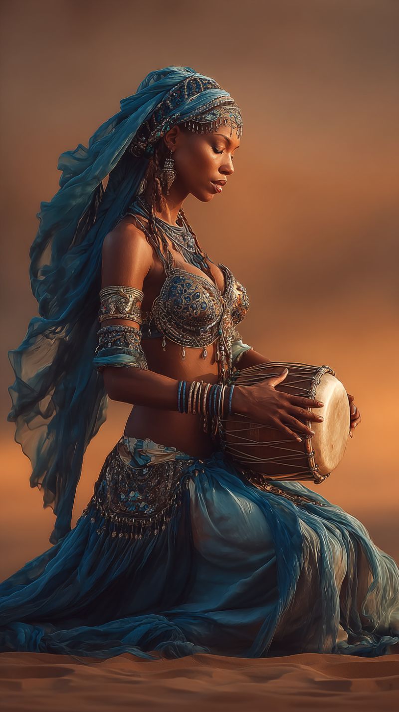 Woman drum costume scarf earrings bracelets jewelry desert sand traditional performance music culture ethnic expression sitting smiling belly dance A woman is sitting on the ground in a sandy area, wearing a blue dress with intricate designs and a matching headpiece adorned with beads and jewels. She holds a large, round drum in her hands, and her gaze is directed to the side. Her hair is styled in a way that flows down her back, and she wears multiple bracelets and necklaces. The background is a warm, sandy color, and the lighting casts a soft glow on her.