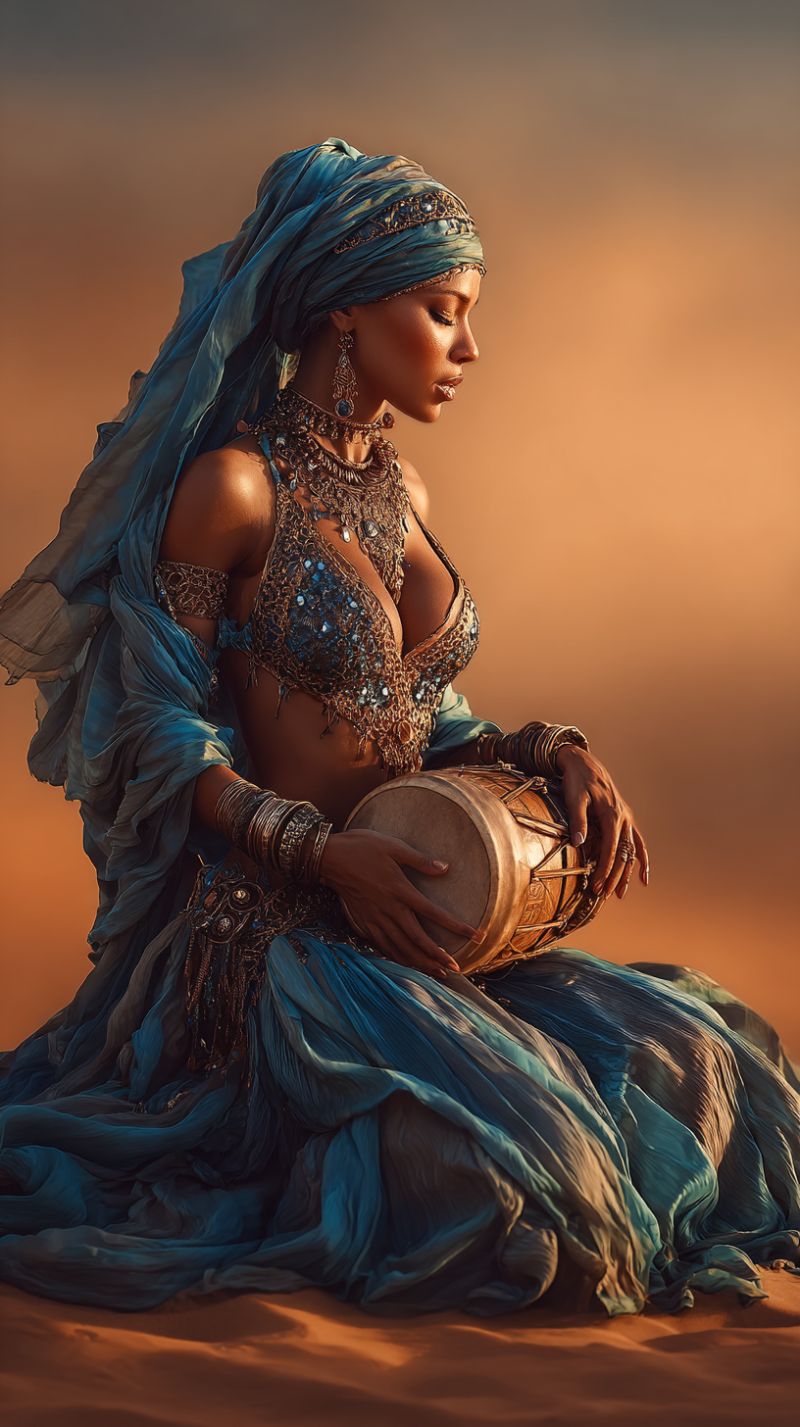 Woman costume traditional jewelry drum scarf headband earrings outfit performance culture ethnic music dance fashion accessories belly A woman is sitting on the ground, likely in a desert, wearing a blue flowing dress and a blue headscarf. She is holding a large, round drum in her lap, with her hands resting on it. She has a serious expression on her face, and her eyes are closed. She is adorned with several necklaces, bracelets, and earrings, and her hair is tied back in a bun. The background is a warm, orange-brown color, and the light is casting a soft glow on her.