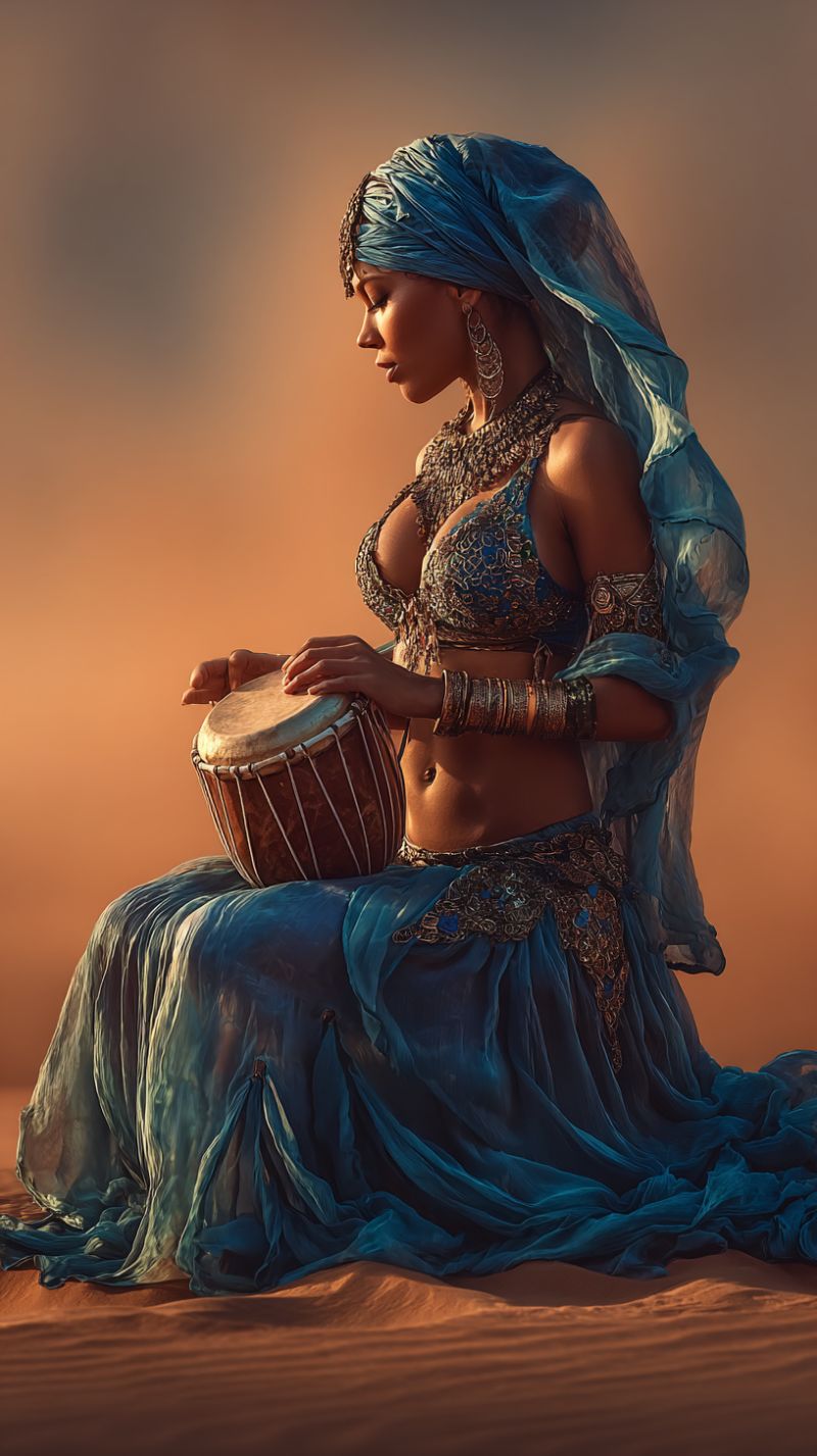 Femme tambour echarpe costume desert traditionnel bijoux boucles oreilles bracelet tenue habillement performance musique instrument culturel ethnique Une femme est assise par terre dans une zone sablonneuse, portant une robe bleue et un foulard bleu sur la tête. Elle tient un tambour sur ses genoux et a les yeux fermés. Elle est parée de bijoux, notamment un collier, des bracelets et des boucles d'oreilles. L'arrière-plan est d'une teinte chaude et orangée, et l'éclairage projette une douce lueur sur elle.