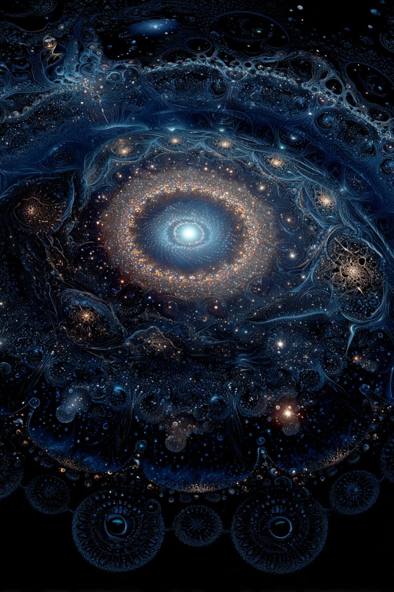 Galaxie espace univers cosmos etoile nebuleuse astronomie astrophysique celeste cosmique explosion stellaire galactique amas centre Complexe, design abstrait dominé par des bleus profonds et des noirs. Au centre, il y a une galaxie spirale avec un noyau brillant et lumineux entouré d'un halo d'étoiles et de poussière cosmique. Les bras spiraux s'étendent vers l'extérieur, remplis de motifs complexes et de petits points lumineux qui ressemblent à des étoiles. Autour de la galaxie centrale se trouvent diverses formes et figures, y compris des motifs circulaires et ovales, certains avec des détails complexes de type fractal. Le fond est un espace sombre, presque noir, améliorant le contraste et faisant ressortir la galaxie centrale et les éléments environnants. La composition globale est dynamique et visuellement riche, évoquant un sentiment de merveille cosmique et de complexité.