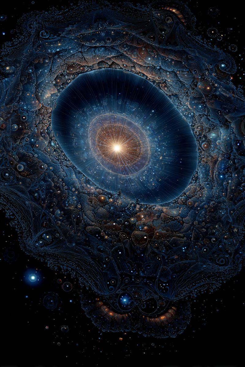 Space galaxy universe star cosmos nebula astronomy celestial cosmic starburst galactic stellar cosmology astrophysics astronomical outer center radiat Vaste scène cosmique complexe dominée par une grande sphère bleue lumineuse au centre. Cette sphère est entourée d'un motif tourbillonnant complexe de bleu foncé et de noir, ressemblant à une nébuleuse ou à une galaxie. La sphère elle-même a un noyau blanc brillant qui émet une lumière douce et chaude, entourée de cercles concentriques de différentes nuances de bleu et d'or. Le fond est rempli d'innombrables étoiles et corps célestes, dont certains sont mis en valeur avec un effet de lumière douce. La composition globale est très détaillée, avec un sentiment de profondeur et de mouvement, comme si le spectateur regardait dans le coeur d'un vaste univers mystérieux