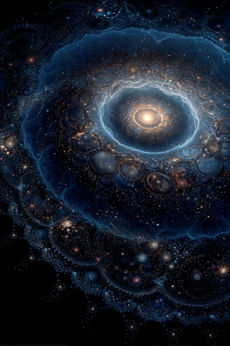 Blue bubble circle colorful cosmos decoration design fractal galaxy glow glowing pattern space vast, intricate cosmic scene dominated by deep blues and blacks. At the center, there is a large, swirling spiral galaxy with a bright, glowing core. Surrounding this central spiral are numerous smaller, irregularly shaped bubbles and clusters of stars, some of which are highlighted in yellow and orange. The background is filled with countless stars and celestial bodies, creating a sense of depth and vastness. The overall composition is highly detailed, with a mix of smooth and jagged edges, giving the impression of a dynamic and ever-changing universe.