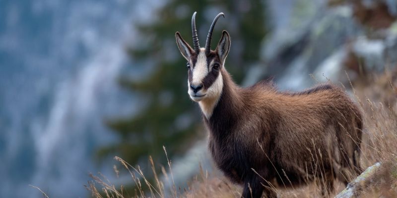 Animal wildlife nature mountain outdoors forest grass rock cliff cliffside edge scenery environment setting a chamois, a type of wild goat, is standing in a grassy area. The chamois has a brown coat with a white underbelly and a black face. It has long, curved horns and a small, pointed beard. The background features a rocky landscape with a tree and a mountain in the distance. The sky is clear and blue.