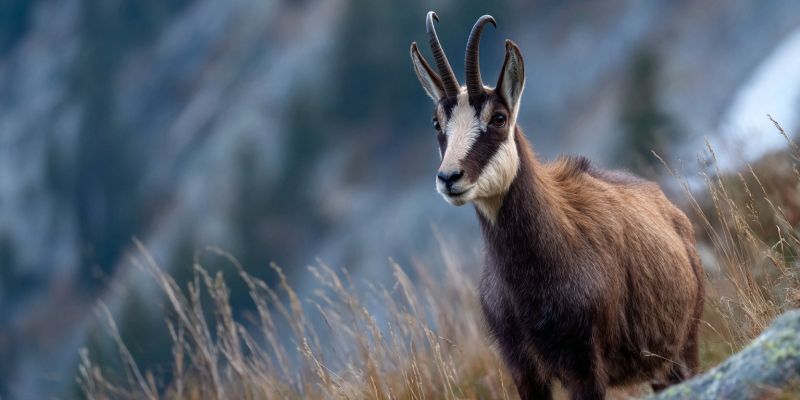 Animal wildlife nature mountain outdoors mammal herbivore rugged alpine grass rock cliff habitat environment ecology fauna biodiversity conservation a chamois, a type of wild goat, stands on a rocky, grassy slope. The chamois has a brown coat with a white patch on its face and a black stripe running from its nose to its eyes. Its horns are curved and point upwards. The background is a mountainous landscape with a mix of rocky terrain and patches of grass. The sky is clear, and the overall scene is set in a natural, mountainous environment.