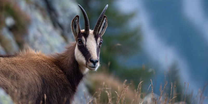 Animal faune nature montagne air mammifere chevre alpin accidente falaise rocheux herbe vegetation habitat environnement exploration aventure Gros plan d'une chèvre de montagne, également connue sous le nom de chamois, debout sur un flanc rocheux de colline. La chèvre a un pelage épais et brun avec un ventre blanc et une tache noire autour des yeux. Ses cornes sont longues et recourbées, et elle a un petit museau pointu. La chèvre regarde vers la droite, et ses oreilles sont dressées. L'arrière-plan est flou, avec un flanc rocheux de colline et quelques arbres visibles. Le pelage de la chèvre semble être mouillé, possiblement à cause de la pluie ou de la rosée.