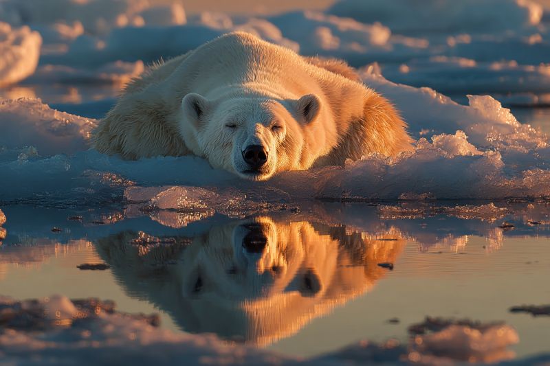Ice snow reflection wildlife arctic nature sleeping sunlight water habitat conservation endangered outdoors cold fur paws iceberg polar bear A polar bear is resting on a snowy ice surface, its fur glistening under the soft light. The bear's eyes are closed, and it appears to be sleeping peacefully. Its reflection is visible in the water below, mirroring its serene posture. The ice around the bear is scattered with small chunks, and the water is calm, reflecting the sky's gentle hues. The scene is set in a vast, snowy landscape, with the bear's fur blending into the white surroundings.