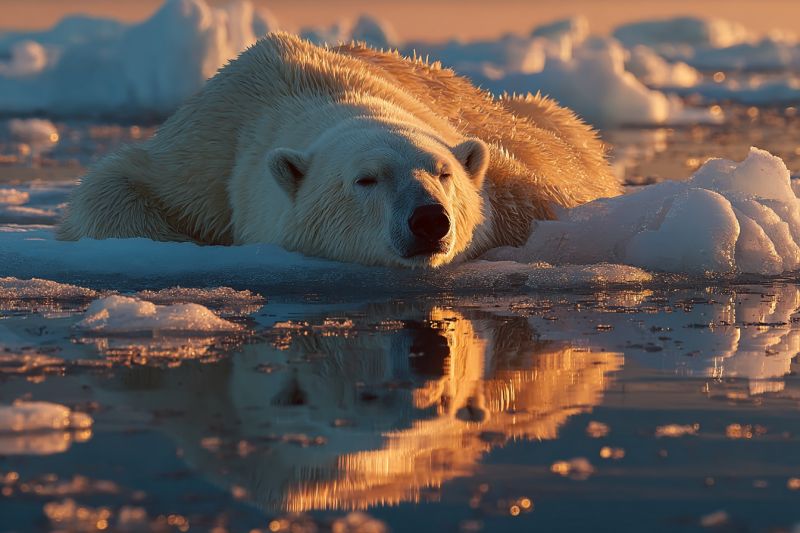 Glace eau reflexion faune arctique nature animal habitat conservation polaire ours sanctuaire protection reserve Un ours polaire est en train de se reposer sur une banquise flottante dans l'océan Arctique. L'ours est allongé sur le côté, la tête reposant sur la glace. Sa fourrure est épaisse et blanche, se fondant avec l'environnement enneigé. Les yeux de l'ours sont fermés, et il semble dormir paisiblement. La banquise est partiellement immergée dans l'eau, et le reflet de l'ours peut être vu dans l'eau en dessous. Le ciel est clair, et les rayons du soleil brillent sur la glace, créant une atmosphère chaleureuse et sereine.